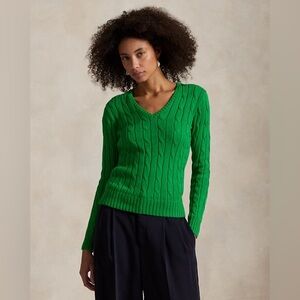 J.CREW Green Cable Knit V-Neck Sweater Size M